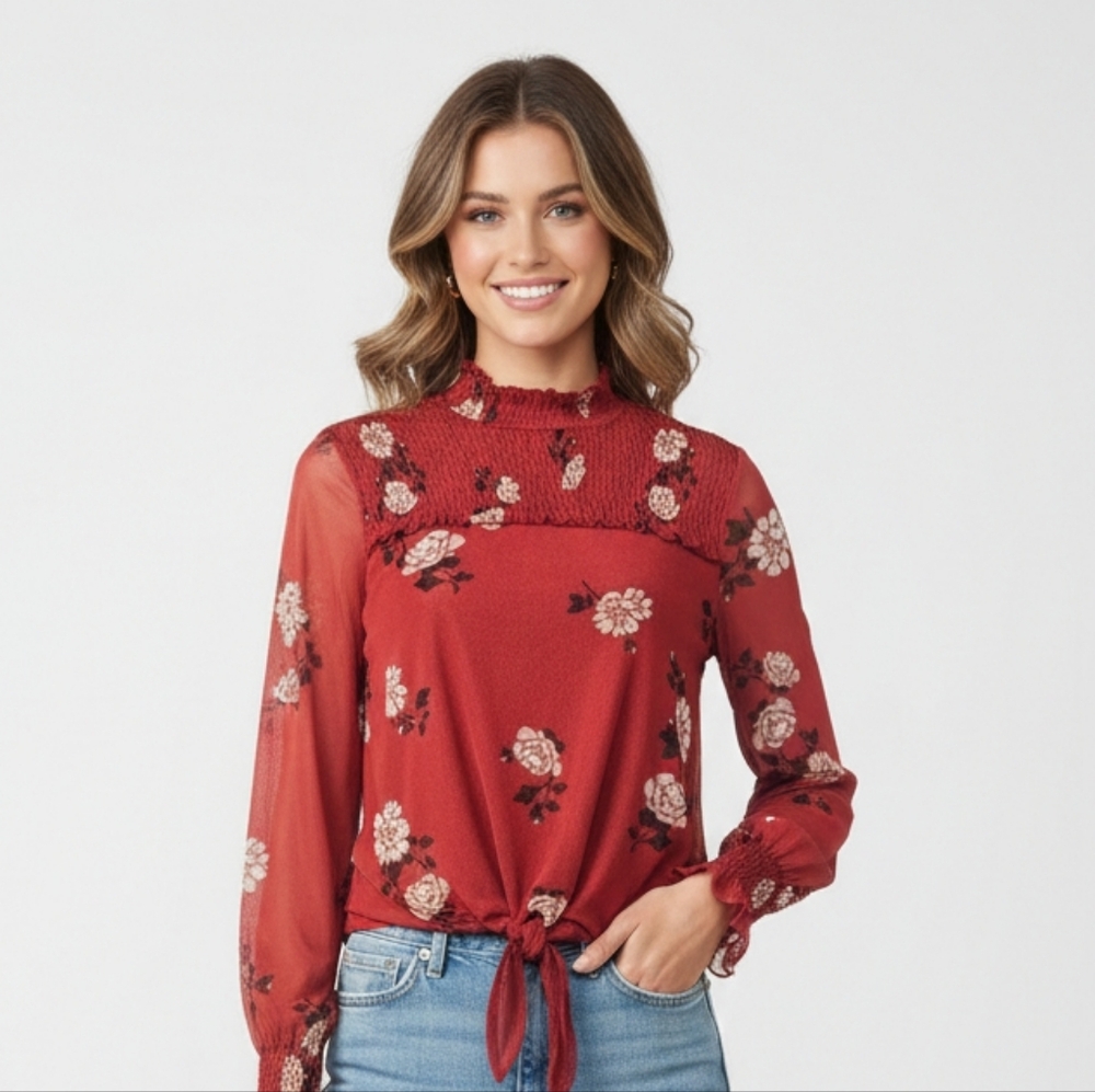 Unbranded Blouse Mesh Smocked Floral Boho Sheer Red Mock Neck M
